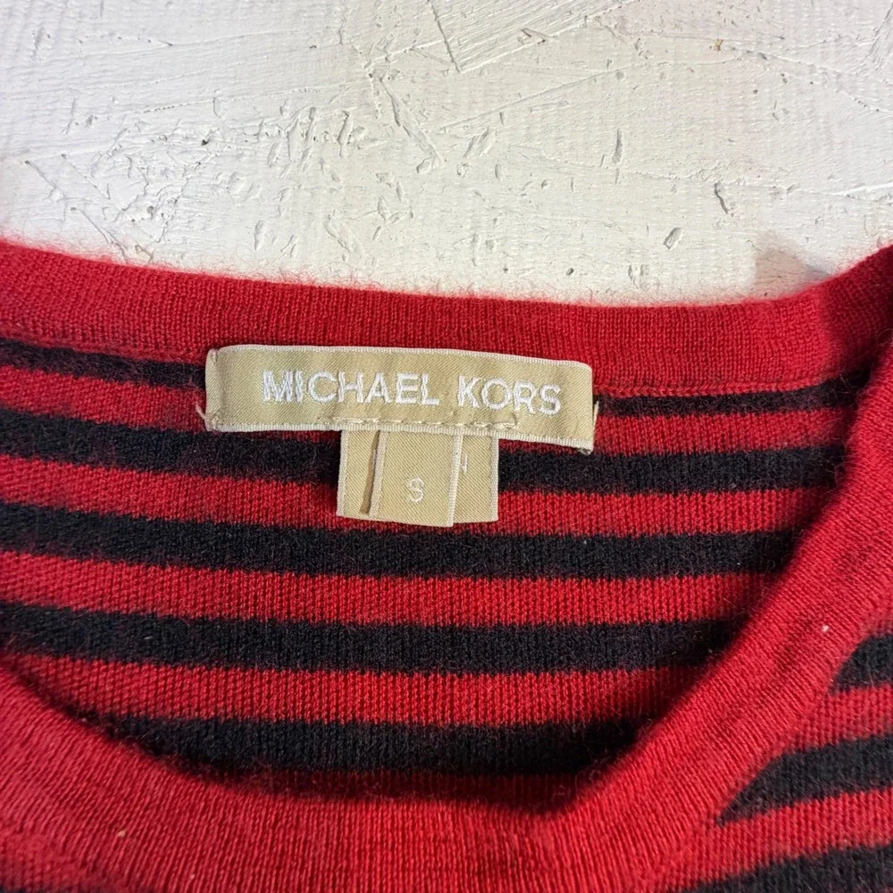 Michael Kors Cashmere Sweater Size S Crimson Black Stripe Short Sleeve